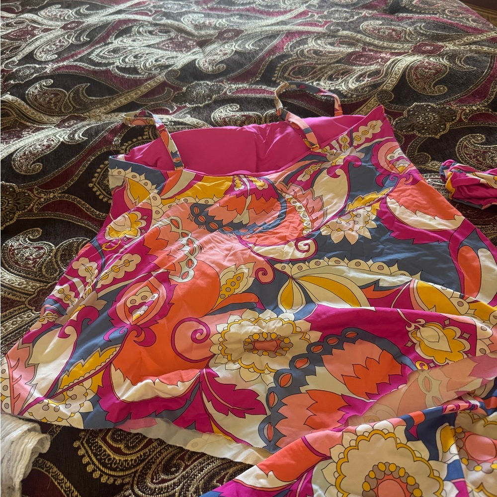 Trina Pink and Orange Floral swimsuit w/coverup. Top is a size 12 and bottom 10
